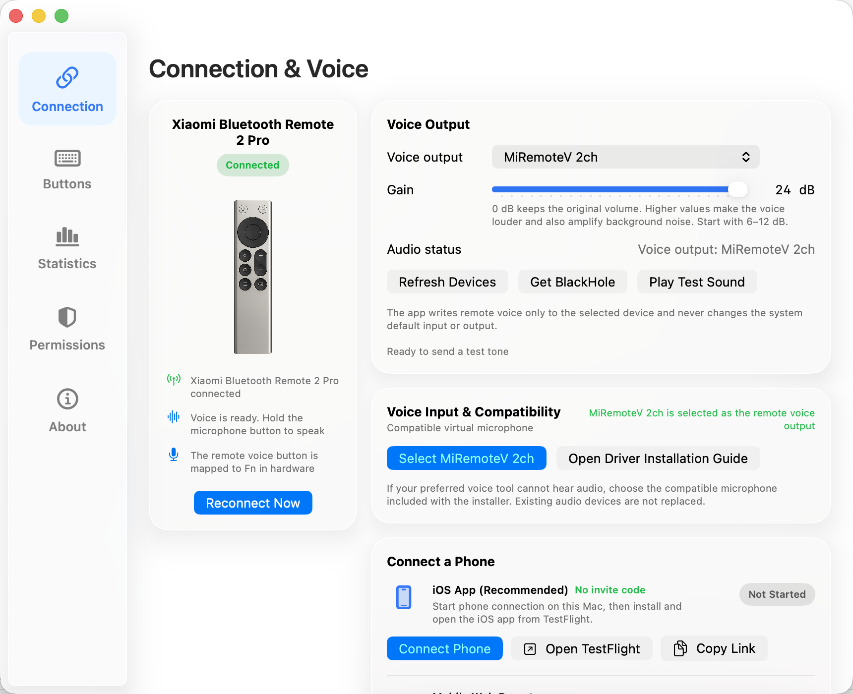 Connection and voice settings